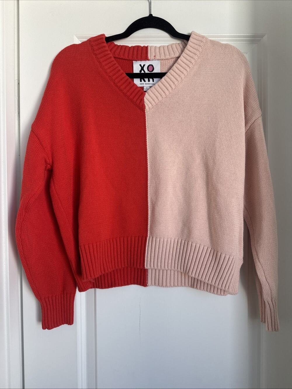 XOXR Kerri Rosenthal Sweater Pink Red Colorblock Heart V Neck Knit Women’s Small